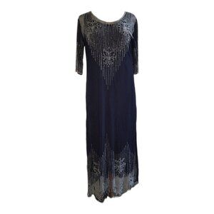 Vintage April Cornell Dark Blue Beaded Chiffon Dress M